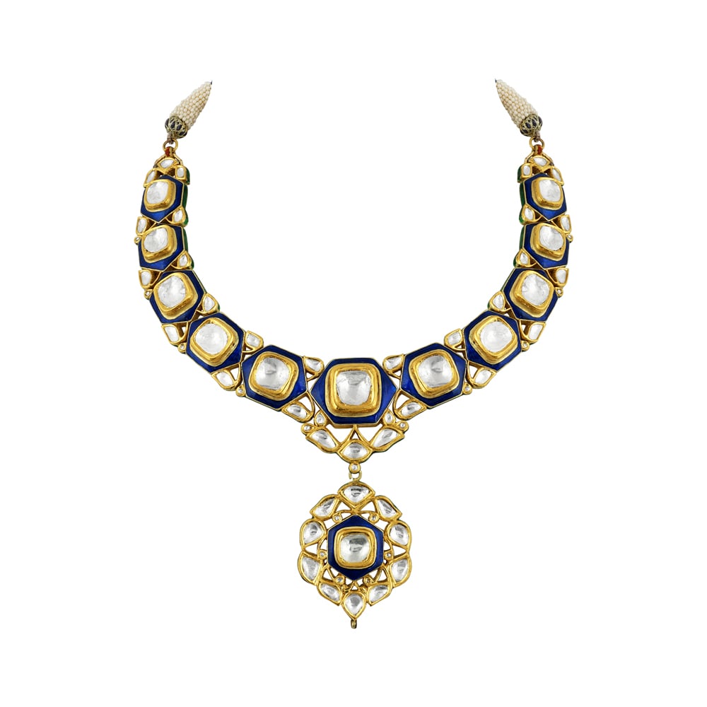 Polki Necklace with Blue Enamel and Central Polki Pendant
